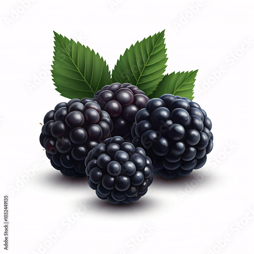 fresh blackberries with green leaves on white background