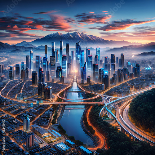 Very beautiful futuristic cities with their imposing buildings, streets and lakes, and mountains.