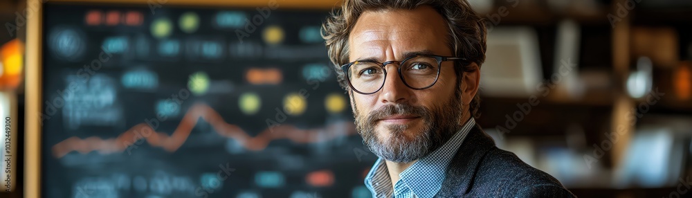Confident man in a suit, standing before a chalkboard with charts and graphs, focused and analytical Confident man in a suit, standing before a chalkboard with charts and graphs, focused and analytical