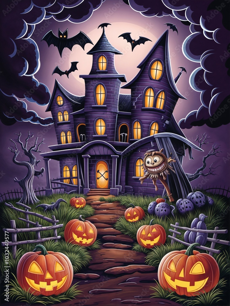 Scary Halloween castle with pumpkins and bats in the background