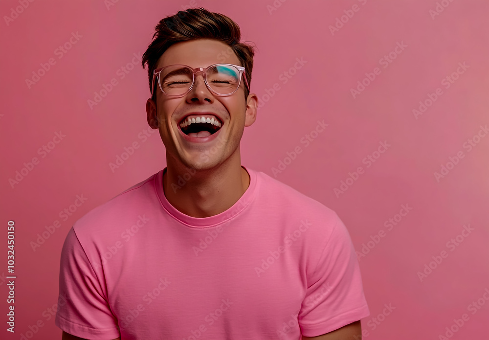 A beautiful young man wearing clear glasses, smiling and laughing with his head tilted back in joyous laughter. A beautiful young man wearing clear glasses, smiling and laughing with his head tilted back in joyous laughter.