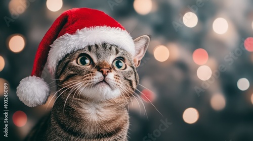 A tabby cat wearing a Santa hat looks up at a blurry background of Christmas lights.