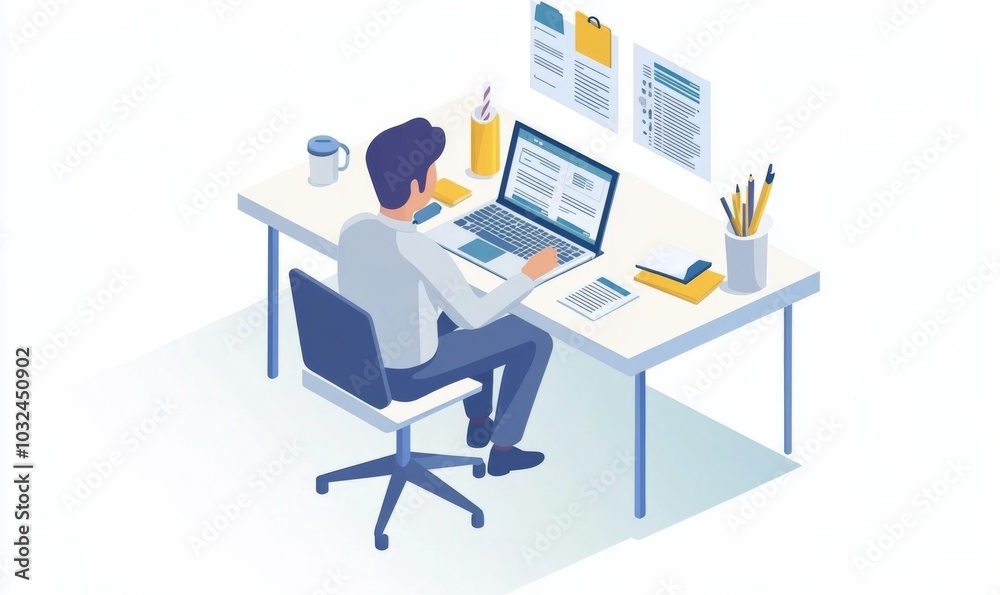 simple Isometric infographic of a businesspersonsitting at a desk, working with laptop and marketing materials. simple Isometric infographic of a businesspersonsitting at a desk, working with laptop and marketing materials.