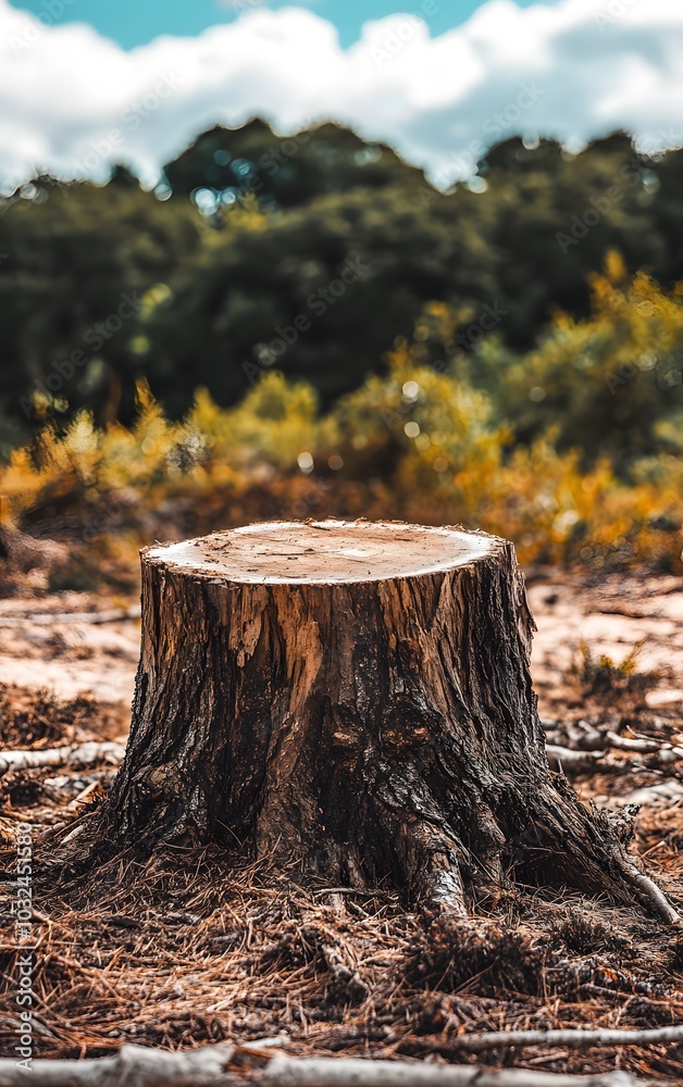 Tree stump in the middle of a deforested area, symbolizing the loss of nature and the impact of human activity Tree stump in the middle of a deforested area, symbolizing the loss of nature and the impact of human activity