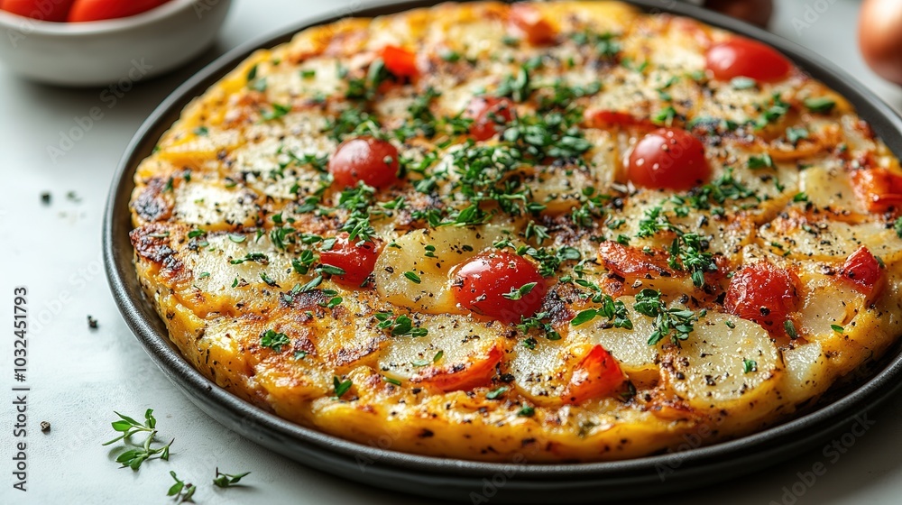 An overhead photo of a Spanish tortilla in a traditional tortilla, with parsley, on dark rustic textures with ingredients An overhead photo of a Spanish tortilla in a traditional tortilla, with parsley, on dark rustic textures with ingredients
