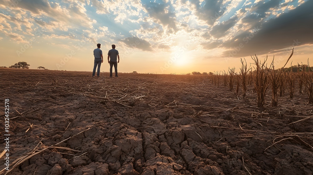 Foto de Farmers standing in a drought affected field, visualizing the ...