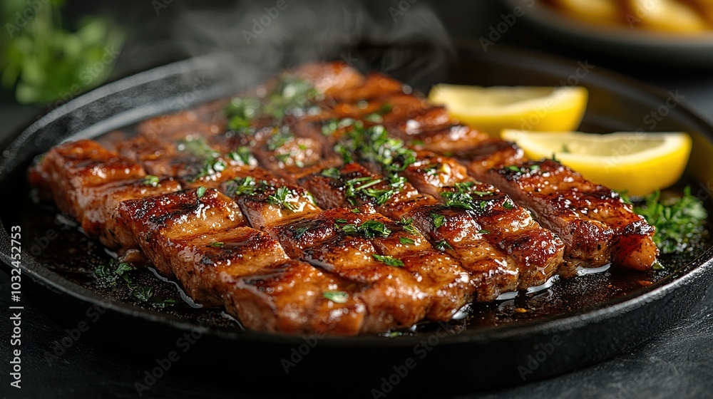 Grilled meat with herbs and lemon on a platter. Grilled meat with herbs and lemon on a platter.