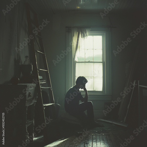 A man is sitting depressively in a room with a ladder