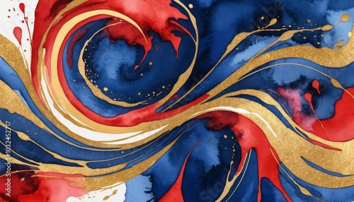Vibrant watercolor hues of blue and red intertwine gracefully with shimmering gold accents, creating a captivating blend of color and movement that mesmerizes the viewer