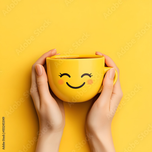 top view of hands holding yellow cup of coffee with smiley over yellow background photo