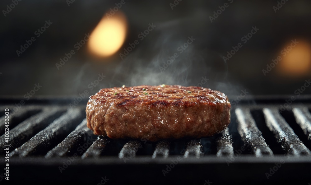 Beef patty on the grill. With copy space Beef patty on the grill. With copy space
