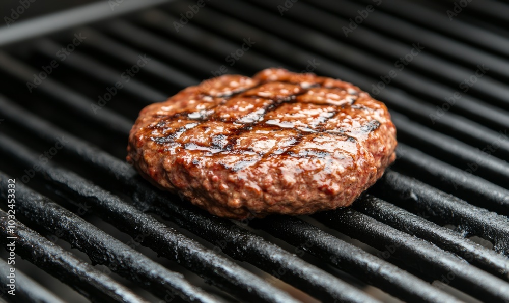 Beef patty on the grill. With copy space