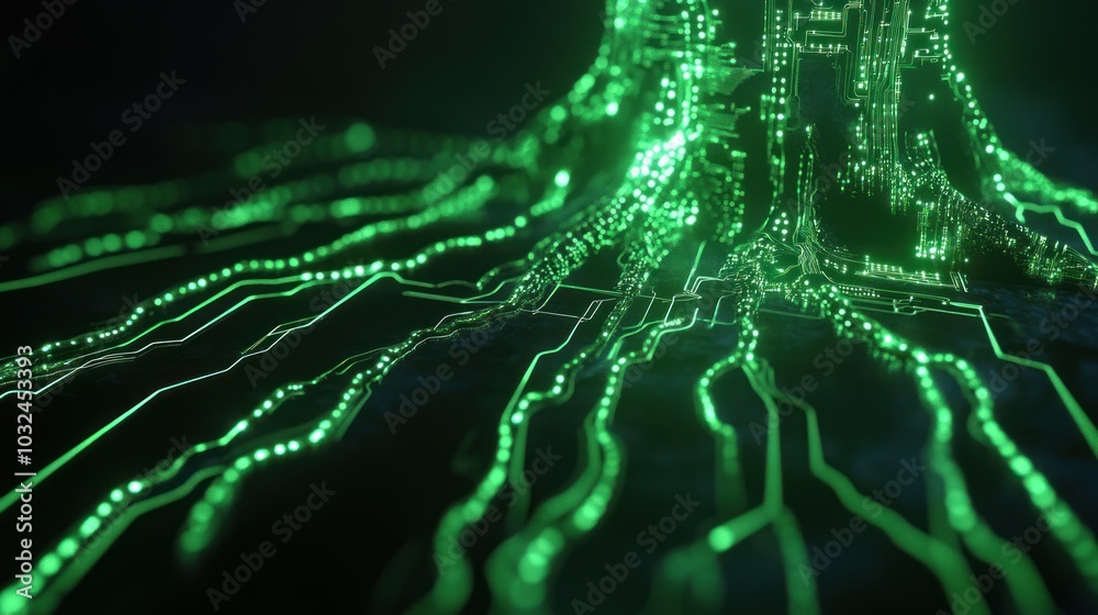 Elegant green data streams in a modern tech landscape. Elegant green data streams in a modern tech landscape.