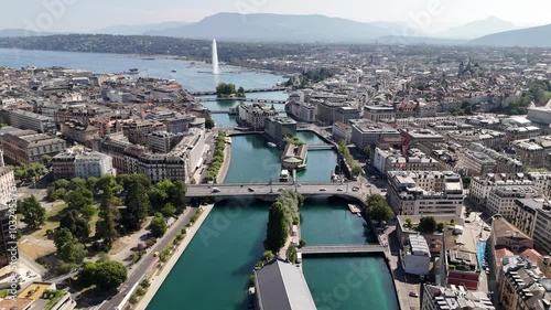 Drone flight over the Rhone River in Geneva, Switzerland