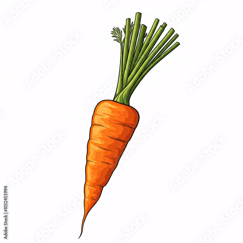 cartoon illustration of a single orange carrot with green tops isolated on white background