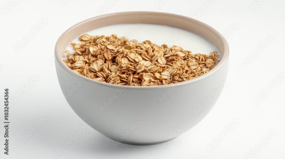 A white bowl filled with granola and milk, isolated on a white background. A white bowl filled with granola and milk, isolated on a white background.