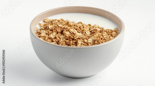 A white bowl filled with granola and milk, isolated on a white background.