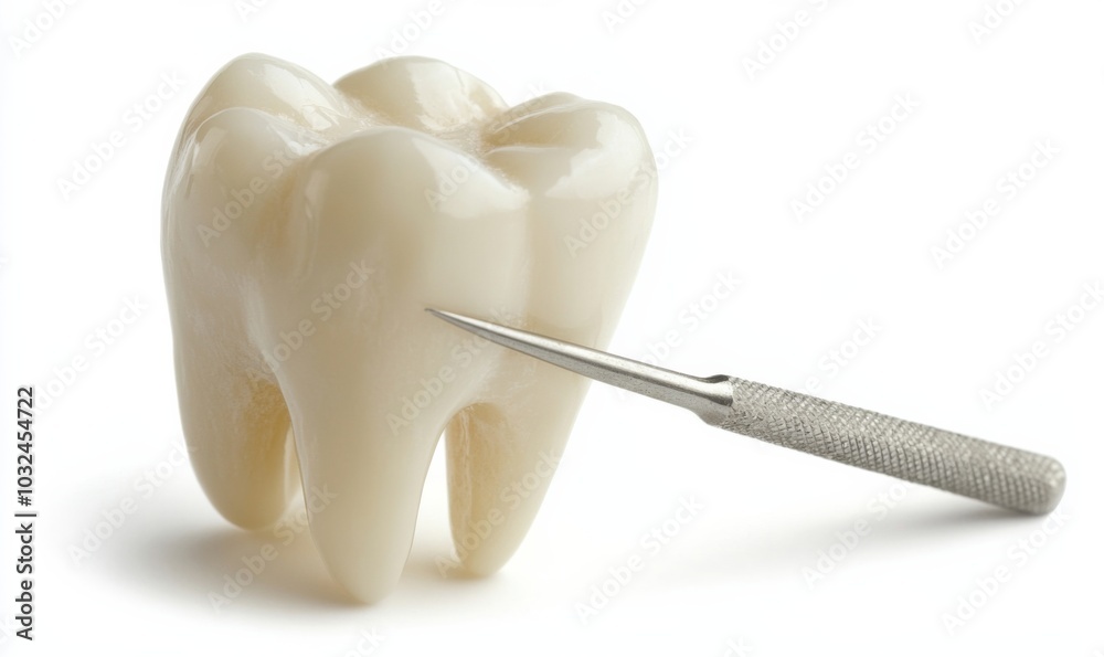 A tooth with a tool isolated on white background A tooth with a tool isolated on white background