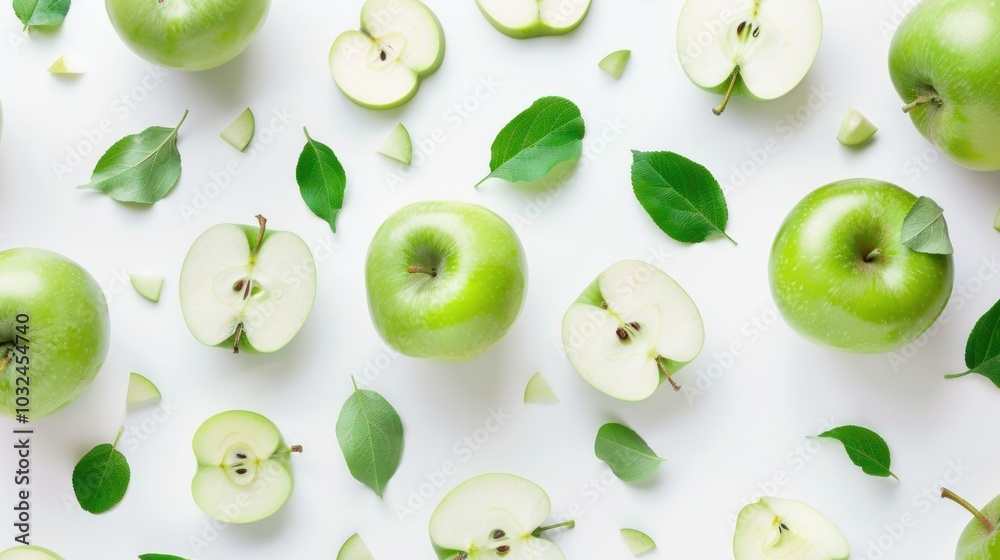 A close up of green apples with leaves scattered around them A close up of green apples with leaves scattered around them