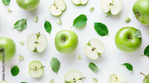 A close up of green apples with leaves scattered around them