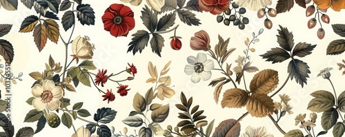Seamless pattern background featuring a collection of vintage botanical illustrations with flowers and leaves in muted colors MONA