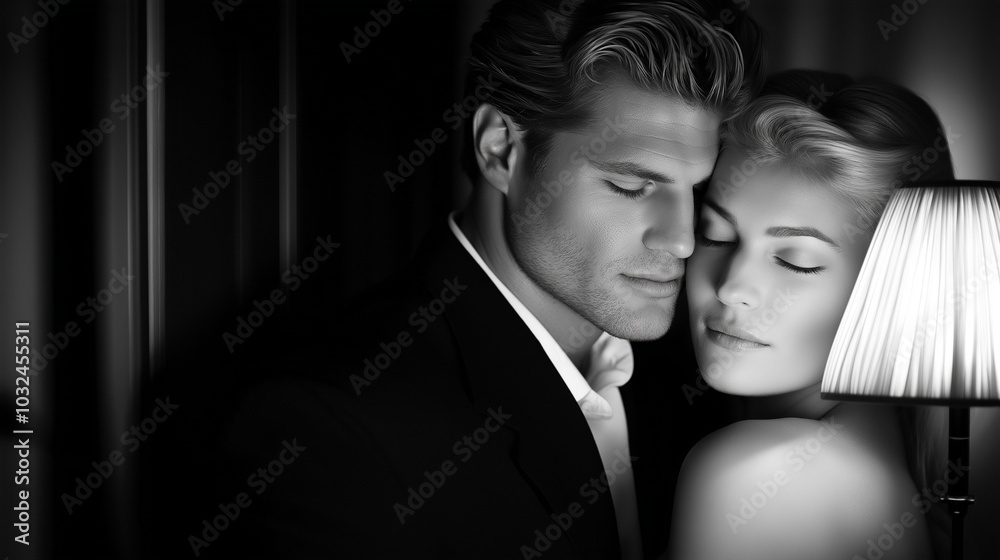 A quiet night in an old office, where a thirty-year-old blond man tenderly kisses a beautiful young woman. She leans back against the dark door, her simple attire blending into the A quiet night in an old office, where a thirty-year-old blond man tenderly kisses a beautiful young woman. She leans back against the dark door, her simple attire blending into the