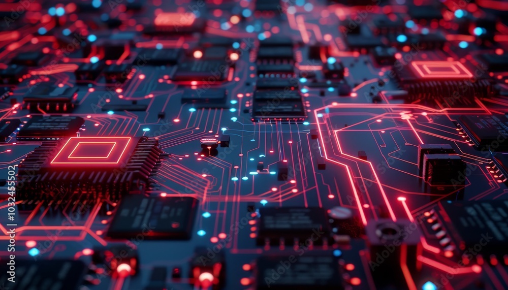 Red Neon Circuitry A Close-Up Look at the Heart of Technology