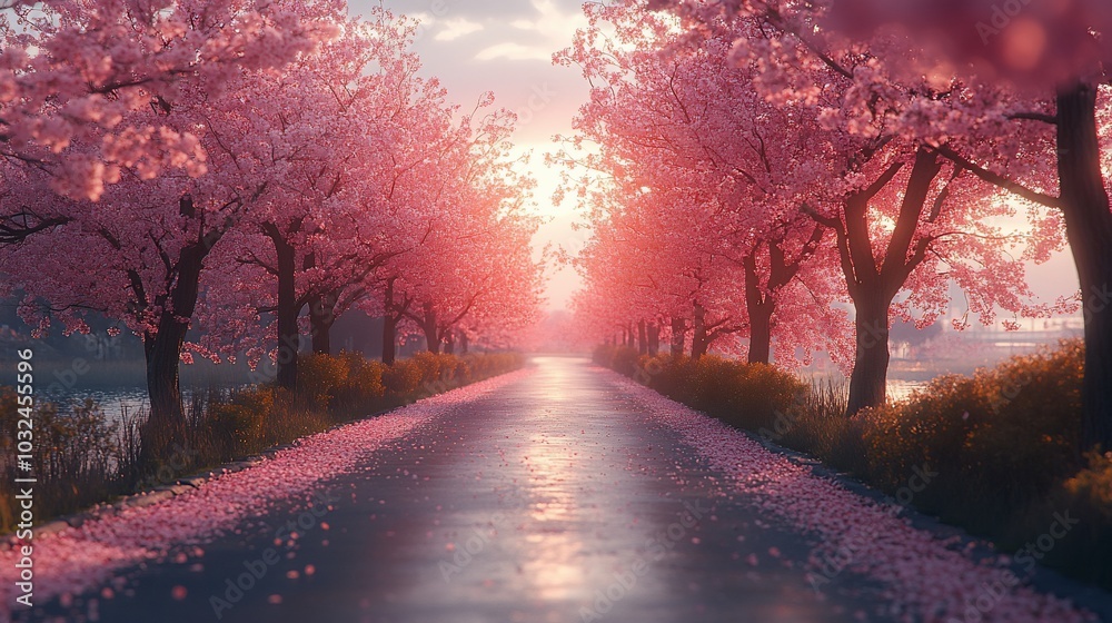 A picturesque road lined with blossoming cherry trees, leading towards a vibrant sunrise. A picturesque road lined with blossoming cherry trees, leading towards a vibrant sunrise.
