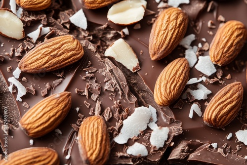 Close-up of chocolate bark with almonds and coconut shavings