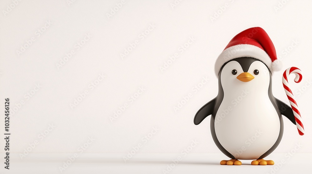 Cute Penguin with Santa Hat and Candy Cane Decoration Cute Penguin with Santa Hat and Candy Cane Decoration