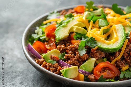 Fresh taco salad with avocado, ground beef, and cheddar cheese