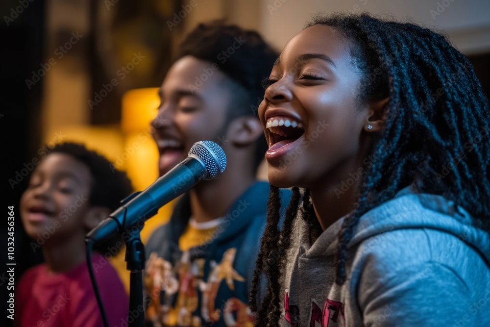 Joyful family singing together at home with microphone focus Joyful family singing together at home with microphone focus