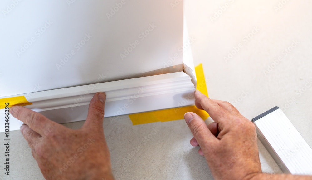 Man installing new skirting board - DIY home work concept
