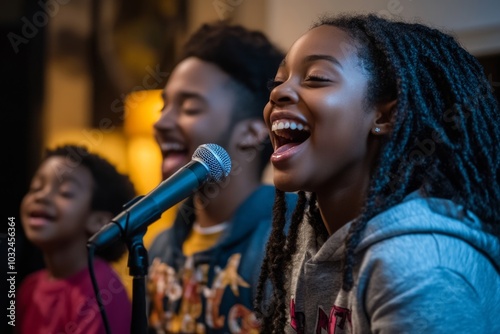 Joyful family singing together at home with microphone focus