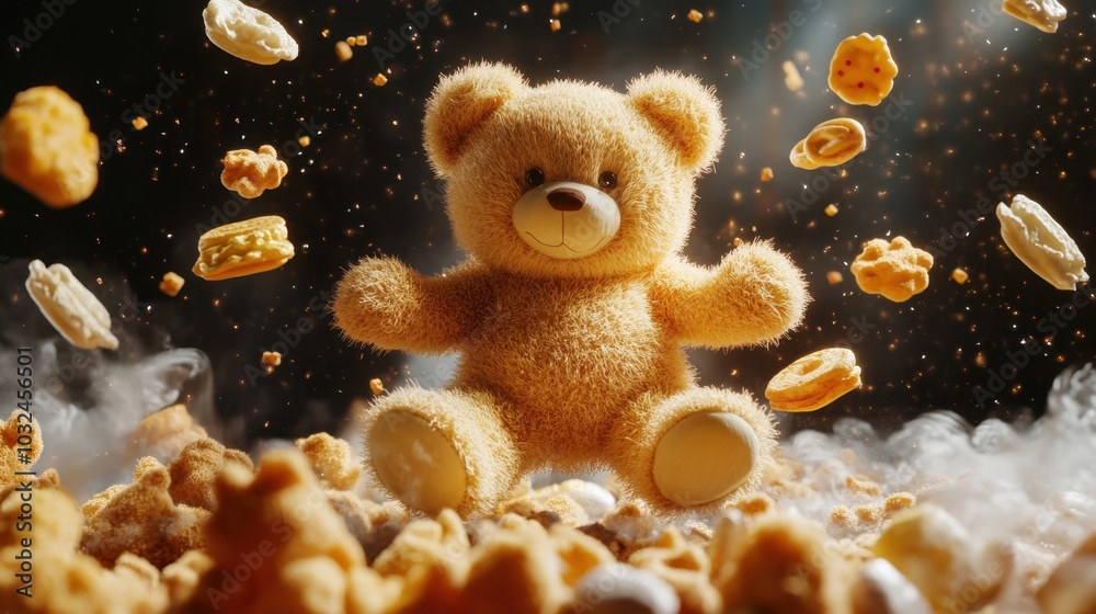 A cheerful teddy bear surrounded by falling snacks, perfect for designs that evoke joy, playfulness, and childhood fun.