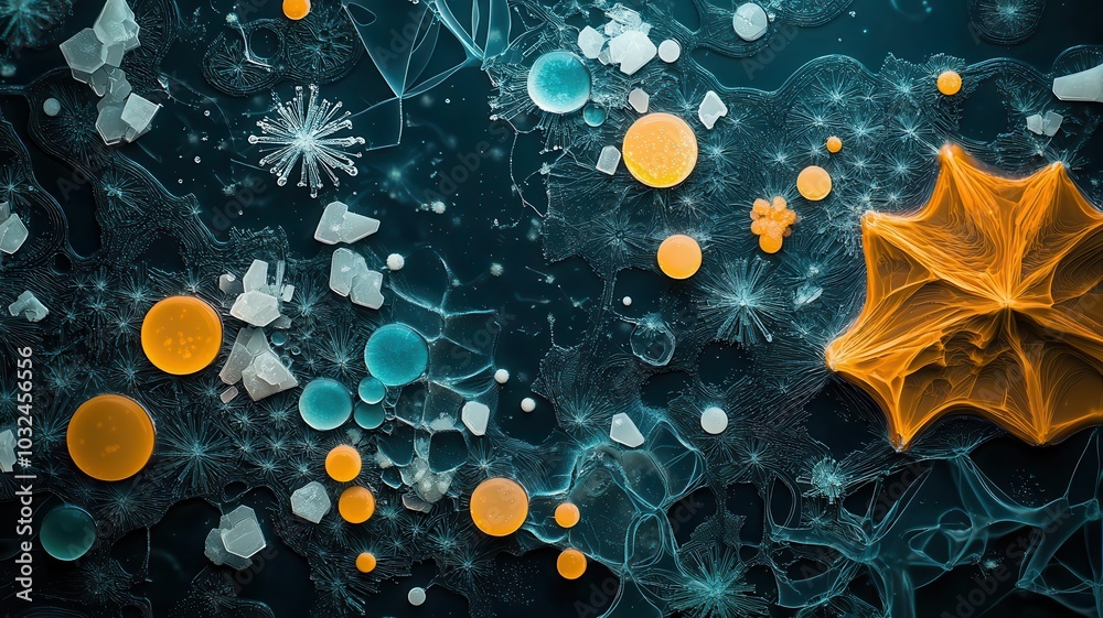 Crystallization process, tiny crystals forming on a surface, intricate ...