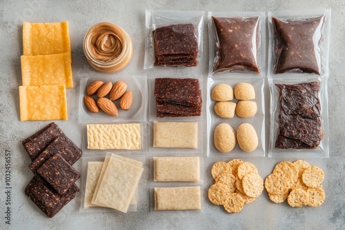 Assorted snacks display: cheese, nuts, crackers, and more in plastic wrapping on gray background