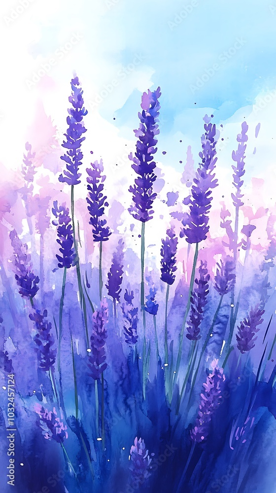 Fototapeta premium Beautiful Watercolor Lavender Field Painting