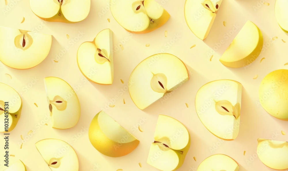 vector illustration of Apple slices, soft yellow pastel background, top down view vector illustration of Apple slices, soft yellow pastel background, top down view