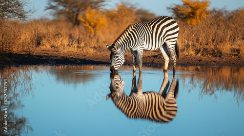 A zebra drinking from a waterhole in a South African game reserve, its reflection perfectly mirrored in the calm water with a backdrop of bushland.