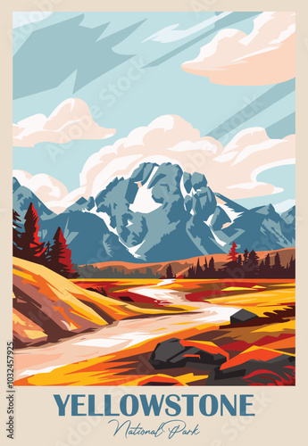 Yellowstone National Park. Vintage Travel Poster. Vector illustration. High quality prints