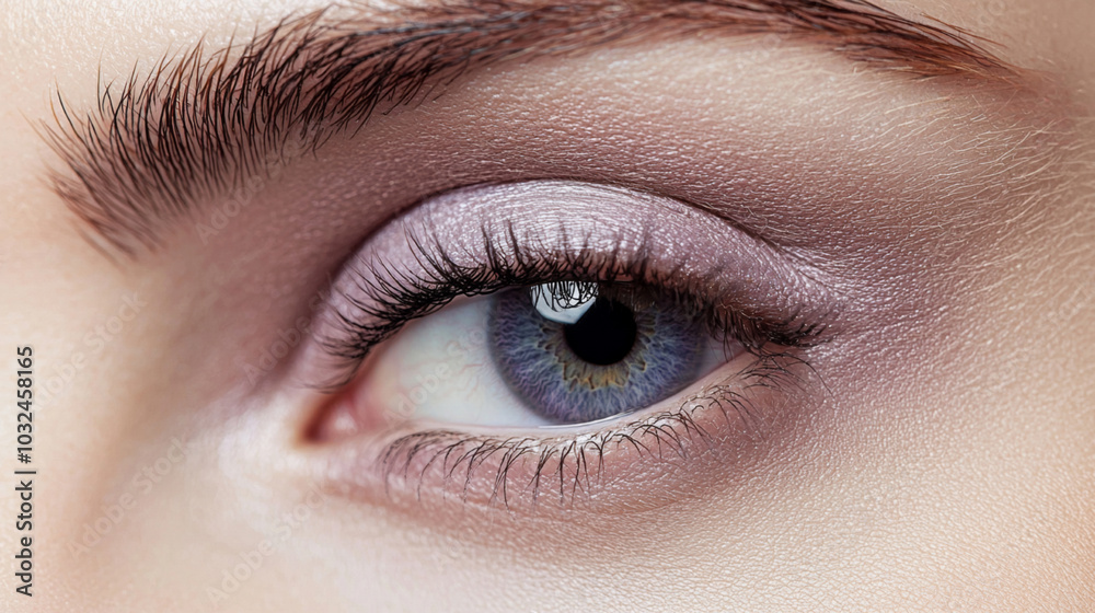 Closeup of beautiful female eye with classic makeup in purple and blue tones emphasizing the beauty and health of the skin Closeup of beautiful female eye with classic makeup in purple and blue tones emphasizing the beauty and health of the skin