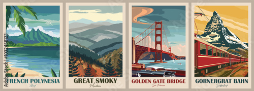 Great Smoky Mountains, Gornergrat Bahn, Zermatt, Switzerland, French Polynesia, Island, Golden Gate Bridge, San Francisco. Vintage Travel Poster. Vector illustration. High quality prints