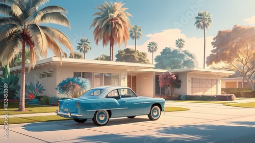 Serene Mid-20th Century Suburban Scene with a Vintage Blue Car and Modernist Home