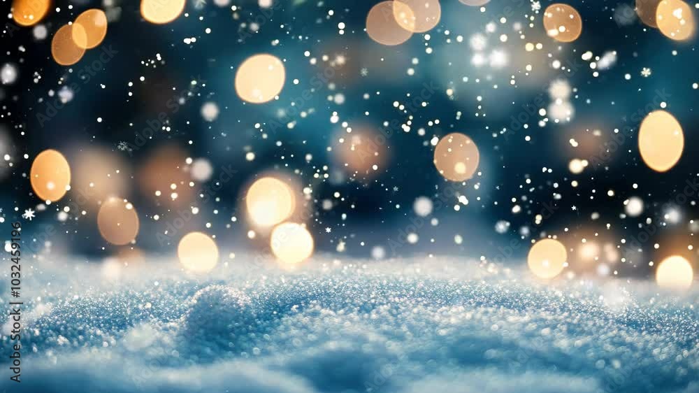 Snow falling softly over bokeh lights creating peaceful winter wonderland in blue and beige tones. Holiday season. Snow falling softly over bokeh lights creating peaceful winter wonderland in blue and beige tones. Holiday season.