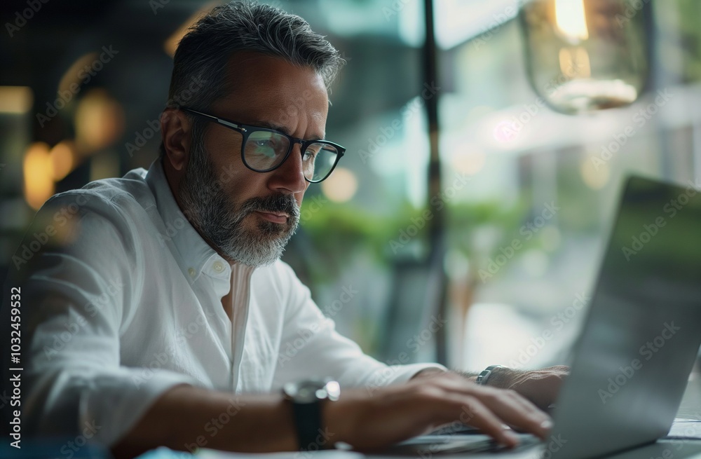 mature man with glasses working on a laptop. mature man with glasses working on a laptop.