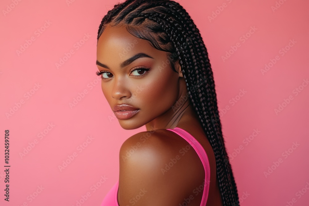 Black women with elegant braids and glowing skin on vibrant backdrops, ideal for luxury skincare or cosmetic promotions. Pink Background. Black women with elegant braids and glowing skin on vibrant backdrops, ideal for luxury skincare or cosmetic promotions. Pink Background.