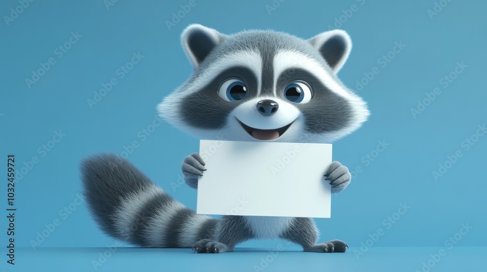 Fototapeta premium A happy raccoon holding a blank sign, ideal for adding promotional messages or creative content in a playful scene.