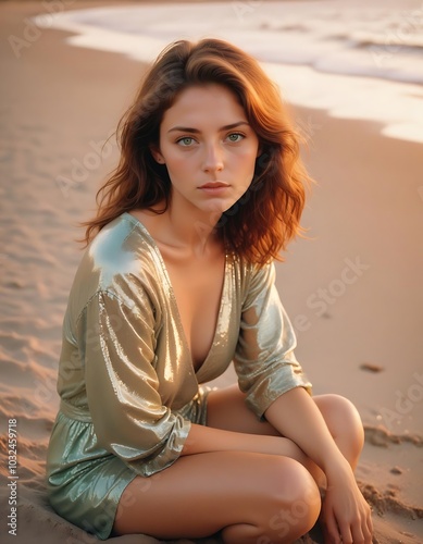 brownhaired model woman on the beach photo