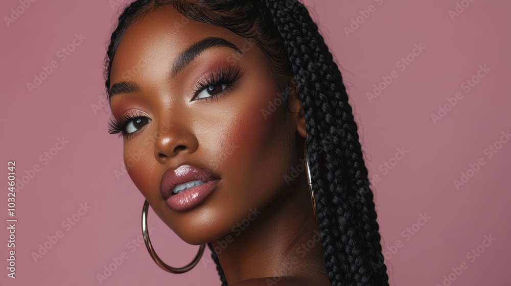 Black women with elegant braids and glowing skin on vibrant backdrops, ideal for luxury skincare or cosmetic promotions. Pink Background. Black women with elegant braids and glowing skin on vibrant backdrops, ideal for luxury skincare or cosmetic promotions. Pink Background.